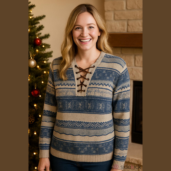 Ralph Lauren Chaps Southwestern Aztec V Neck Lace Up Sweater Size M Petite - Picture 9 of 9